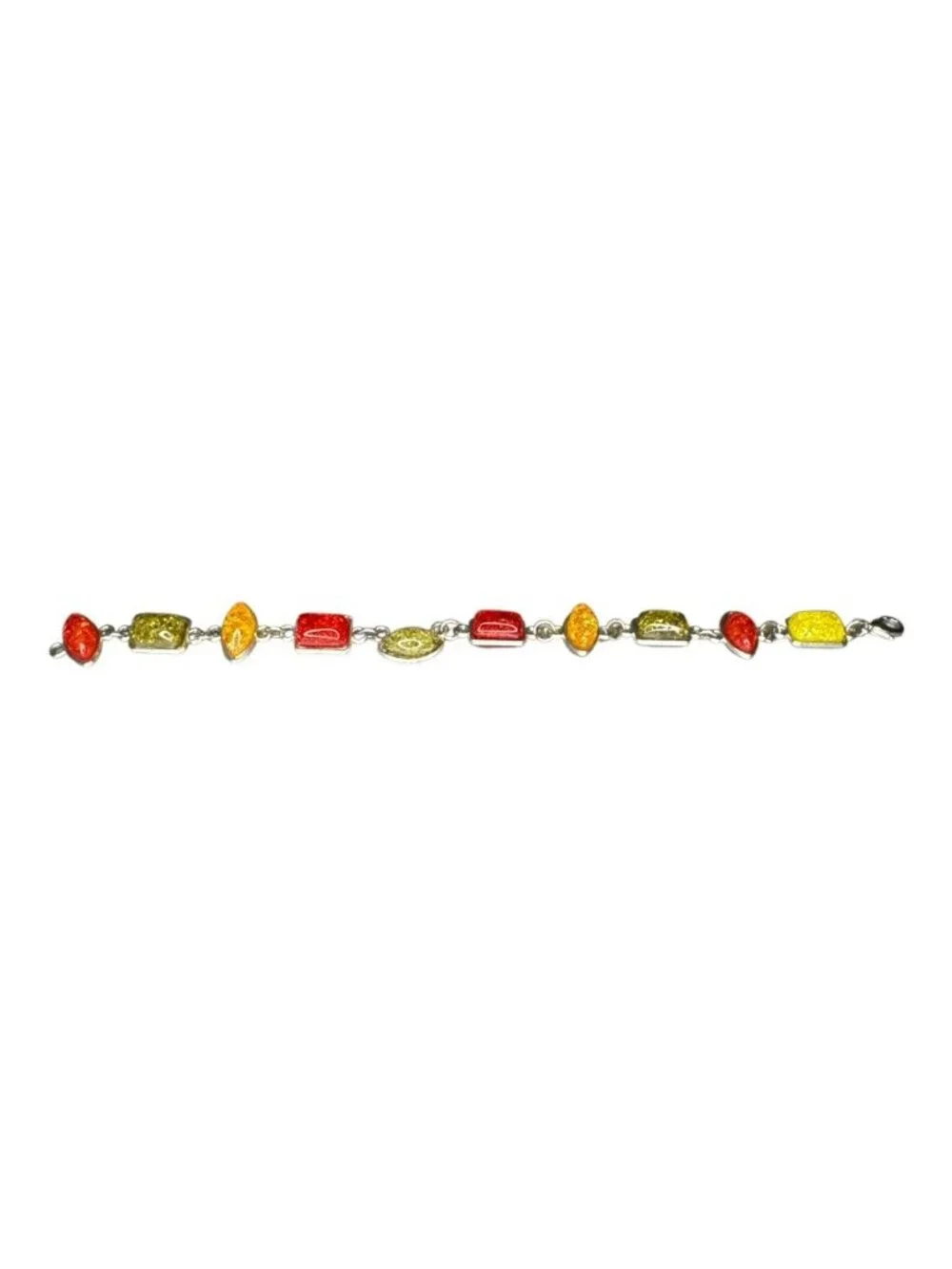 Multicolor Amber Stone & Sterling Silver Link Bracelet 7.5 Inches Lobster Clasp